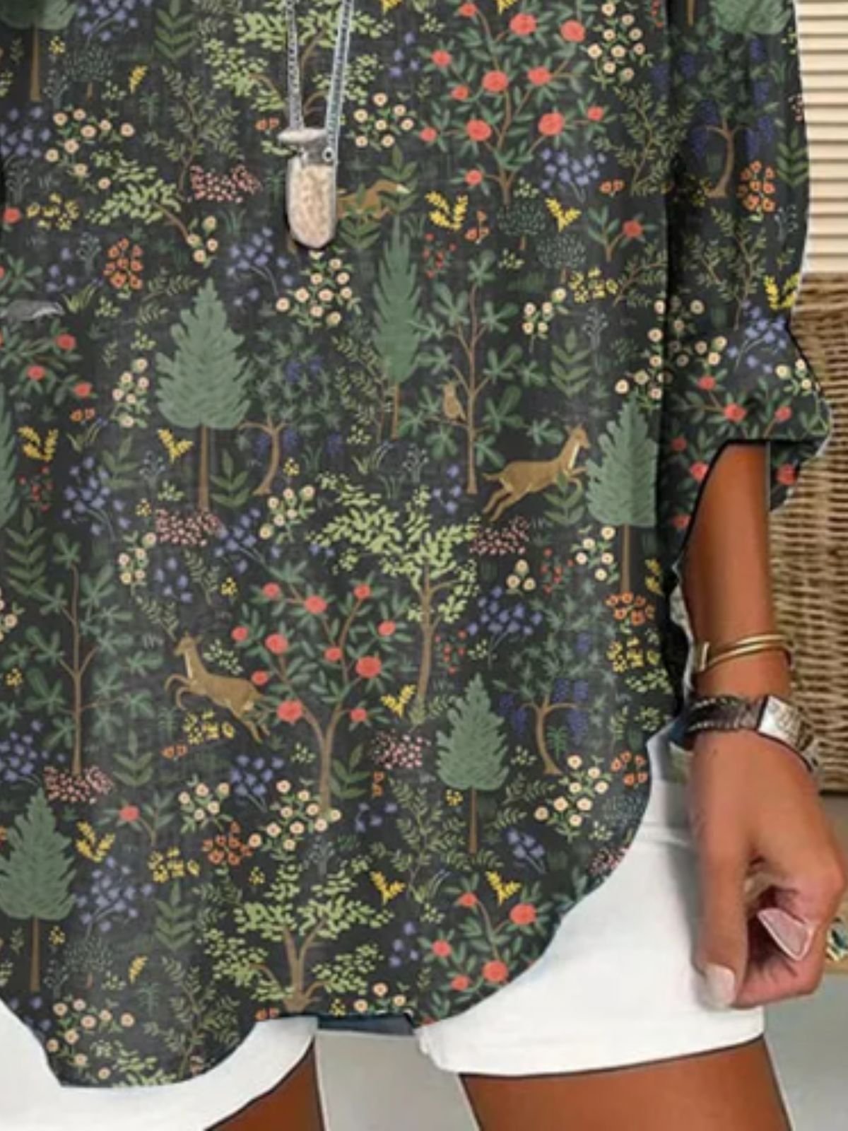 Women's Casual Forest Animal Plant Flower Cotton And Linen Shirt
