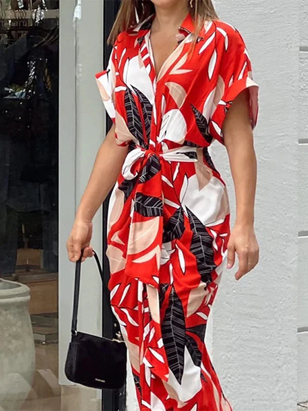 Women Floral Summer Printing Dress Shirt Collar Half Sleeve Hip Skirt A-Line Dress