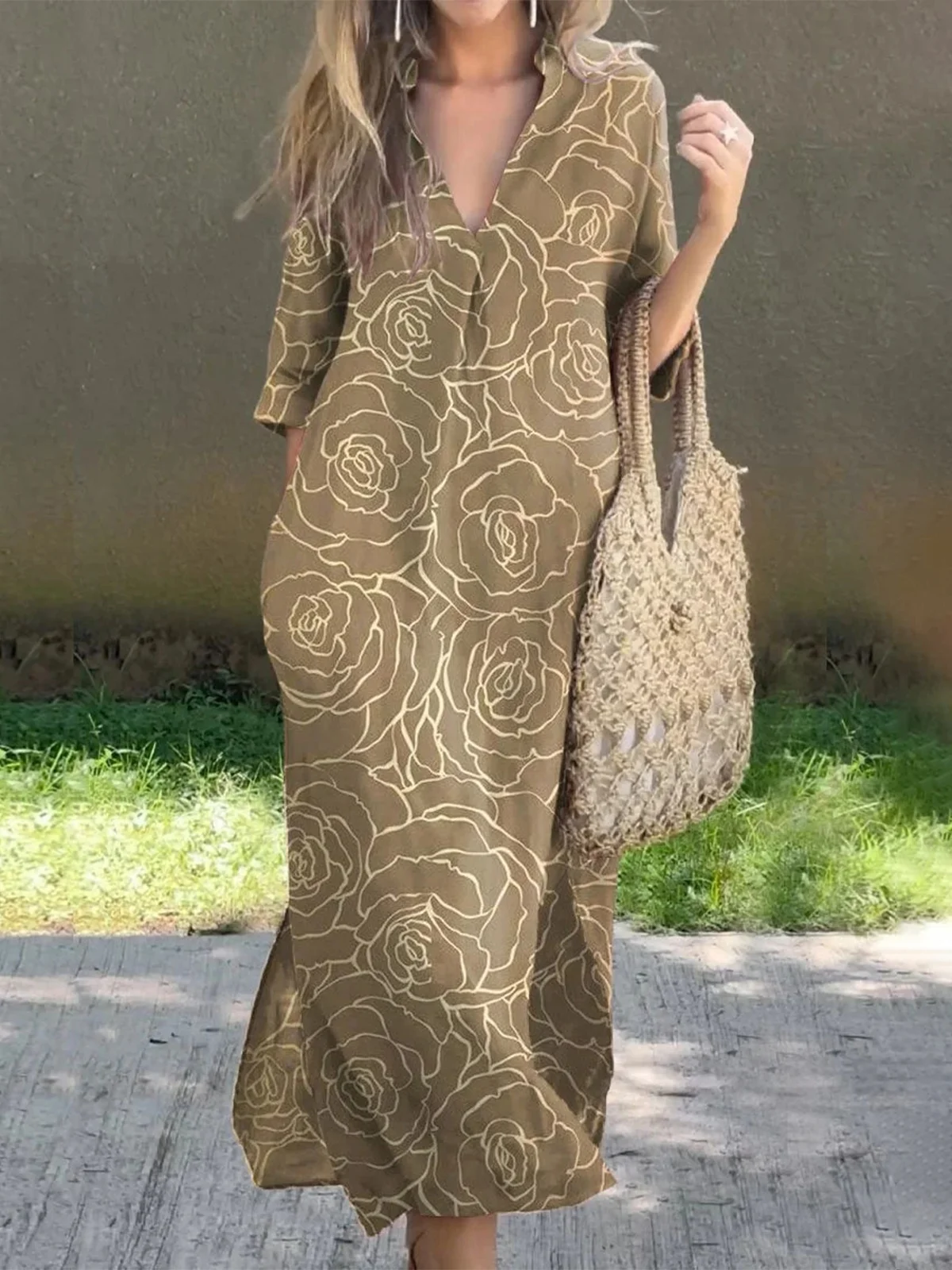 Women Floral Summer Printing Dress V Neck Three Quarter Sleeve H-Line Dress