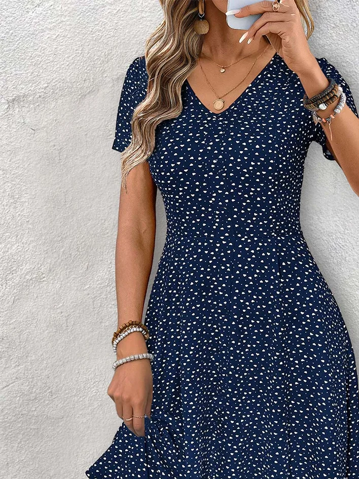 Women Abstract Polka Dots Summer Dress V Neck Short Sleeve Fit & Flare Dress A-Line Dress