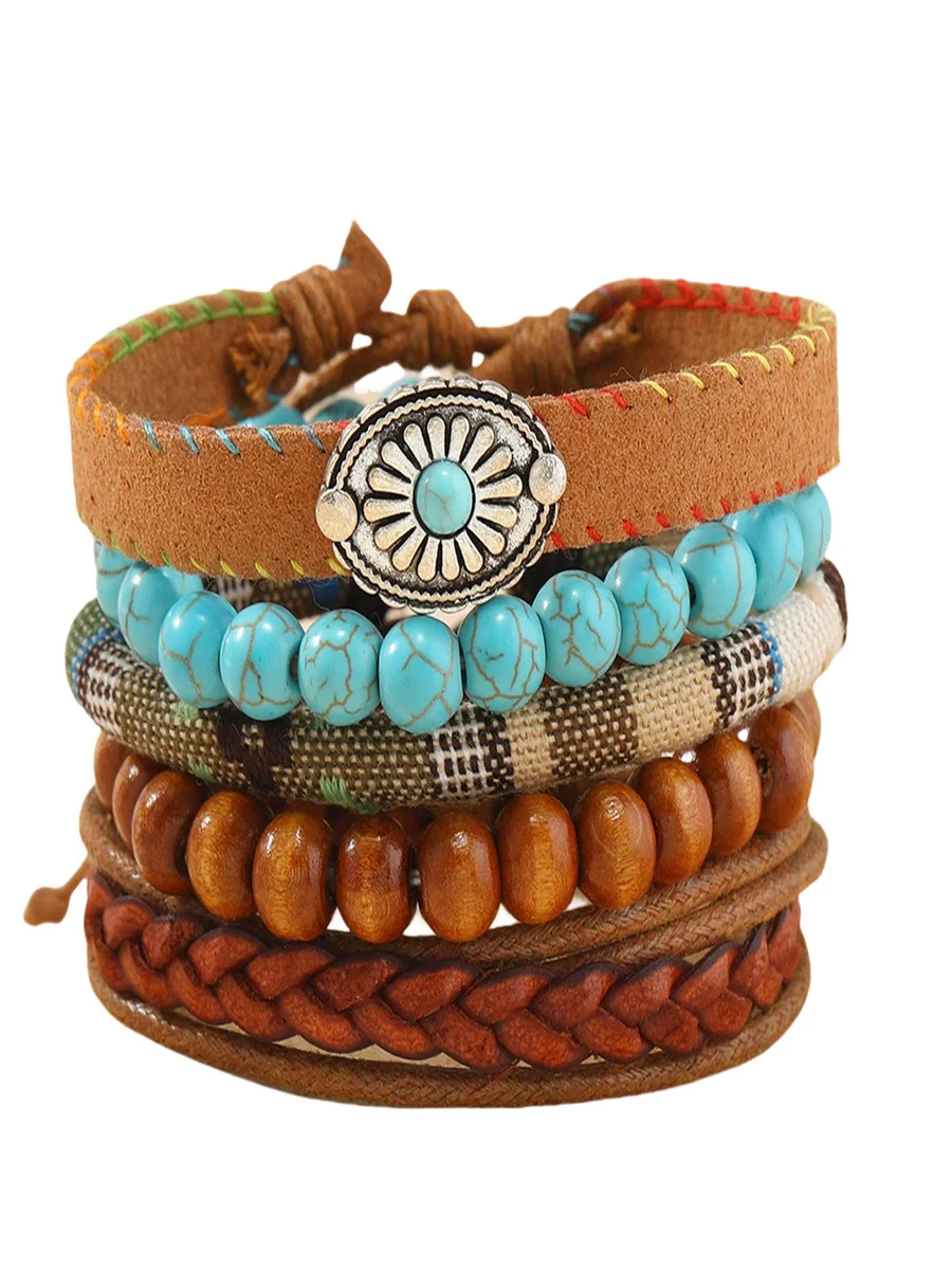 Turquoise Summer New Hot Sale Simple Fashion Bohemian Small Flower Style Turquoise Beaded Wooden Bead Five-piece Bracelet