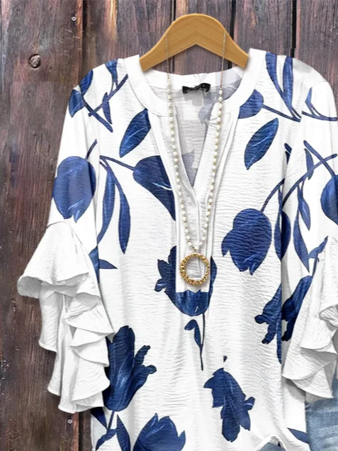 V Neck Half Sleeve Floral Printing Regular Loose Shirt For Women