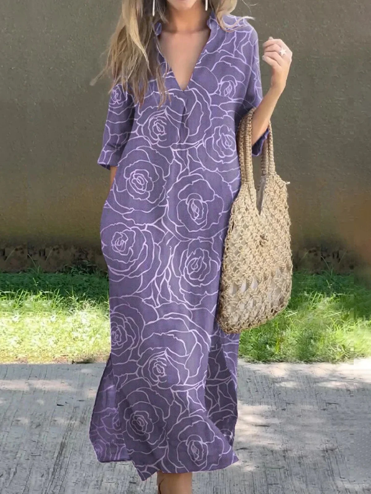 Women Floral Summer Printing Dress V Neck Three Quarter Sleeve H-Line Dress