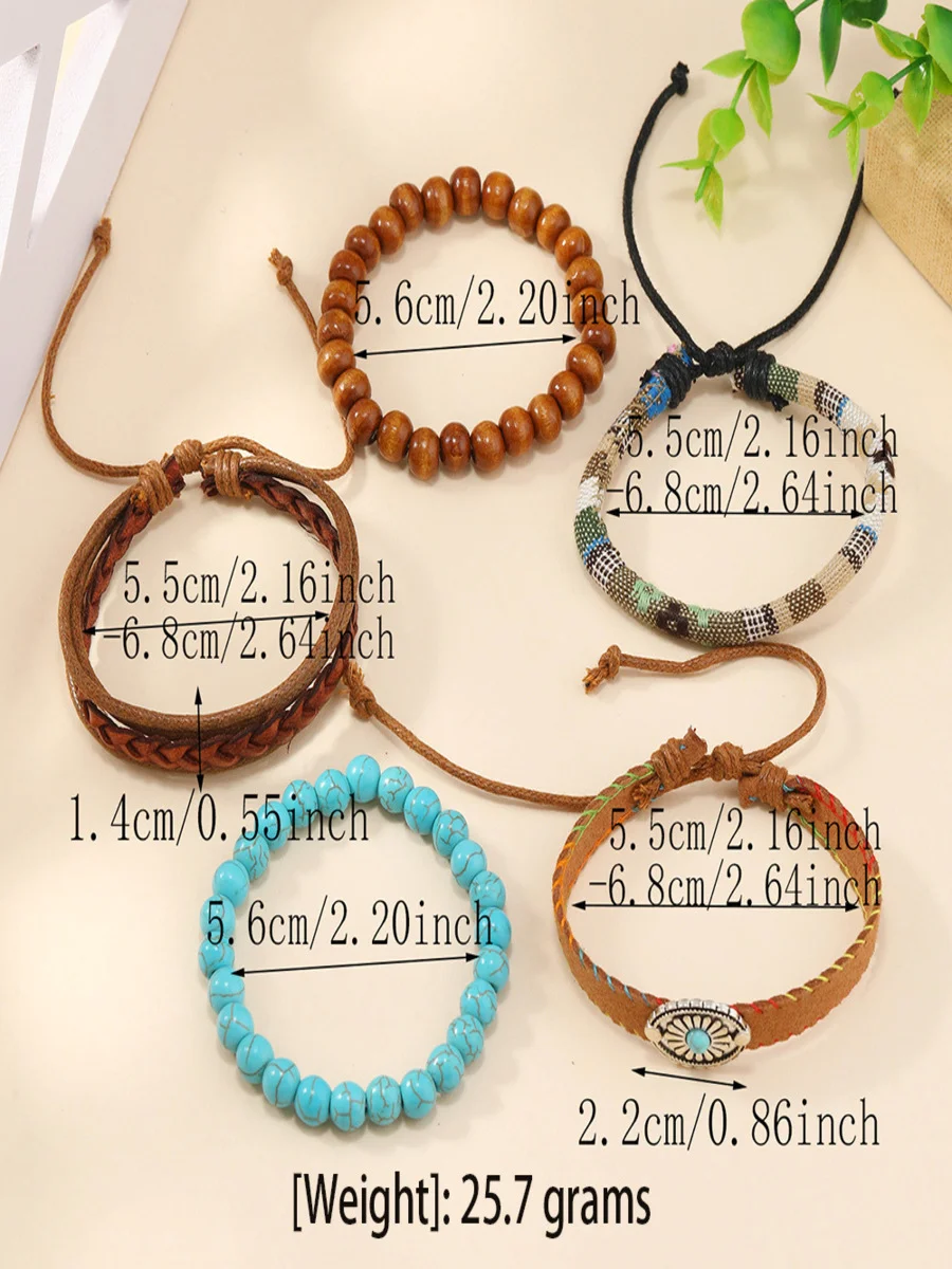 Turquoise Summer New Hot Sale Simple Fashion Bohemian Small Flower Style Turquoise Beaded Wooden Bead Five-piece Bracelet