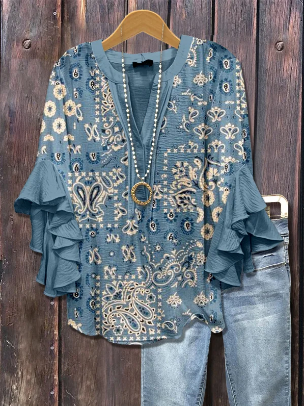 V Neck Half Sleeve Floral Printing Regular Loose Shirt For Women