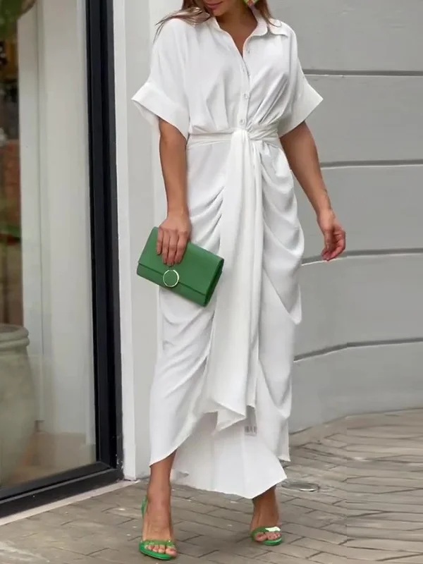 Women Floral Summer Printing Dress Shirt Collar Half Sleeve Hip Skirt A-Line Dress