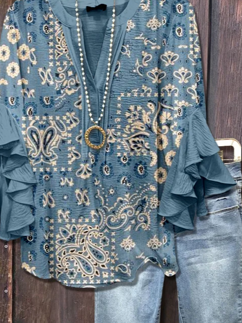 V Neck Half Sleeve Floral Printing Regular Loose Shirt For Women