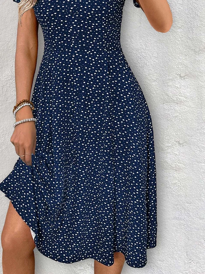 Women Abstract Polka Dots Summer Dress V Neck Short Sleeve Fit & Flare Dress A-Line Dress