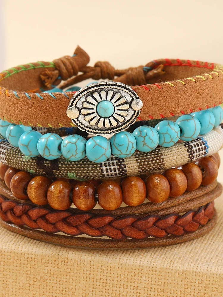 Turquoise Summer New Hot Sale Simple Fashion Bohemian Small Flower Style Turquoise Beaded Wooden Bead Five-piece Bracelet