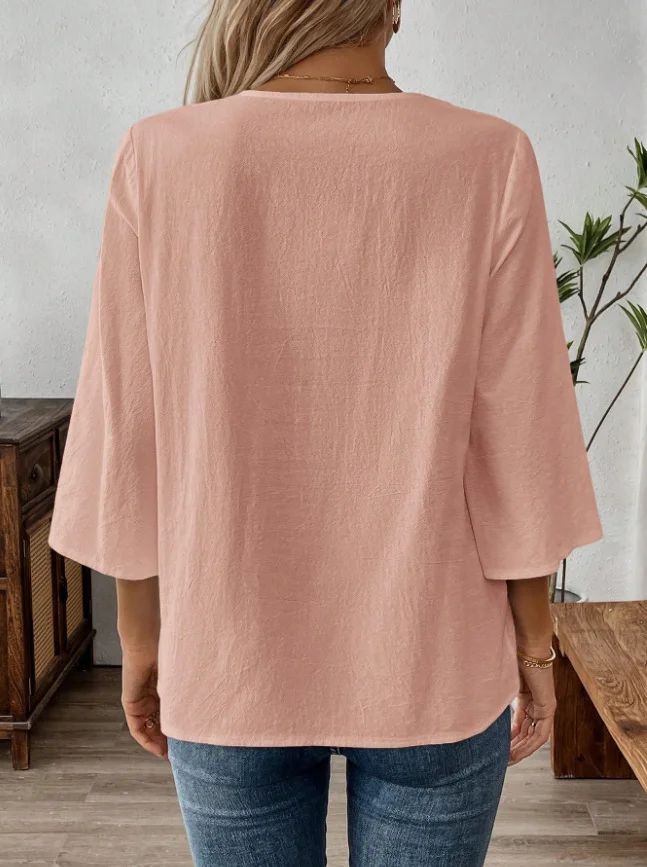 Crew Neck Three Quarter Sleeve Plain Regular Micro-Elasticity Regular Fit Shirt For Women