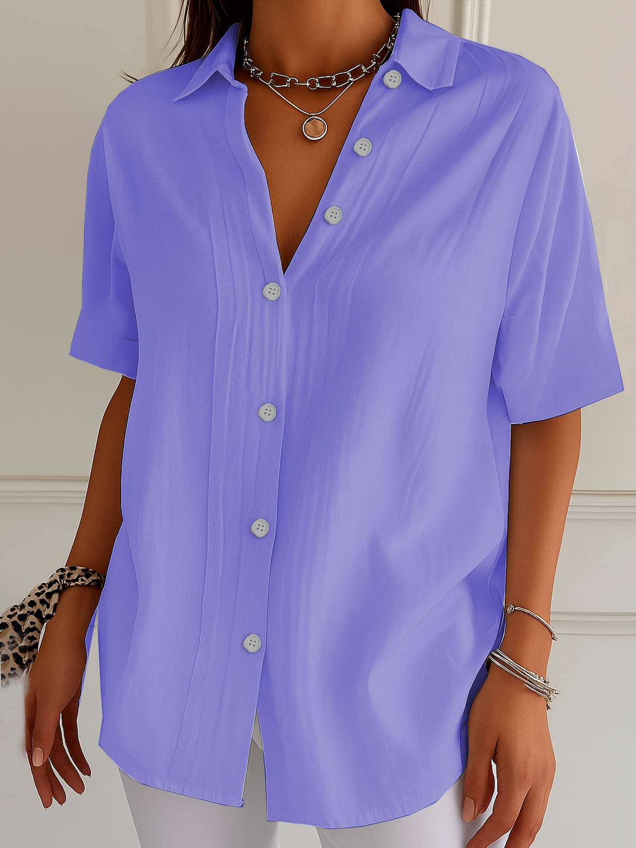 Shirt Collar Short Sleeve Plain Printing Regular Micro-Elasticity Loose Button Up Shirt Shirt For Women