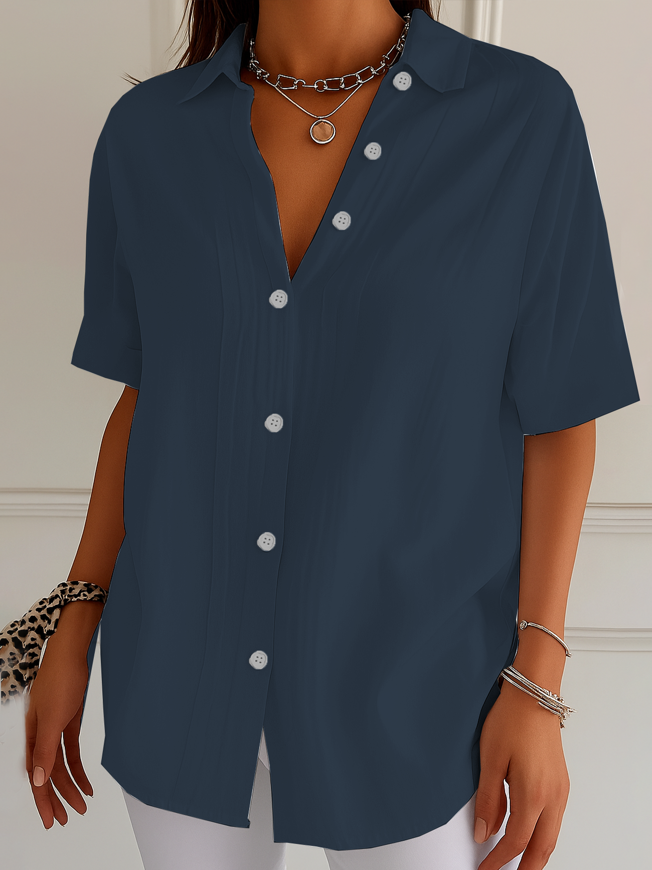 Shirt Collar Short Sleeve Plain Printing Regular Micro-Elasticity Loose Button Up Shirt Shirt For Women