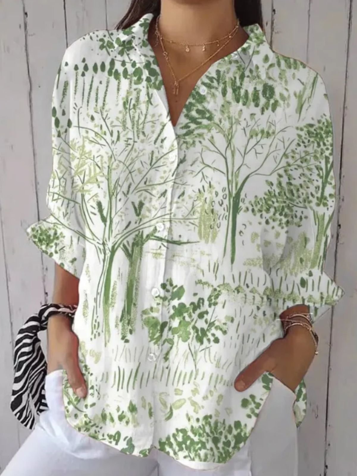 Women's Casual Retro Forest Print Cotton Linen Shirt