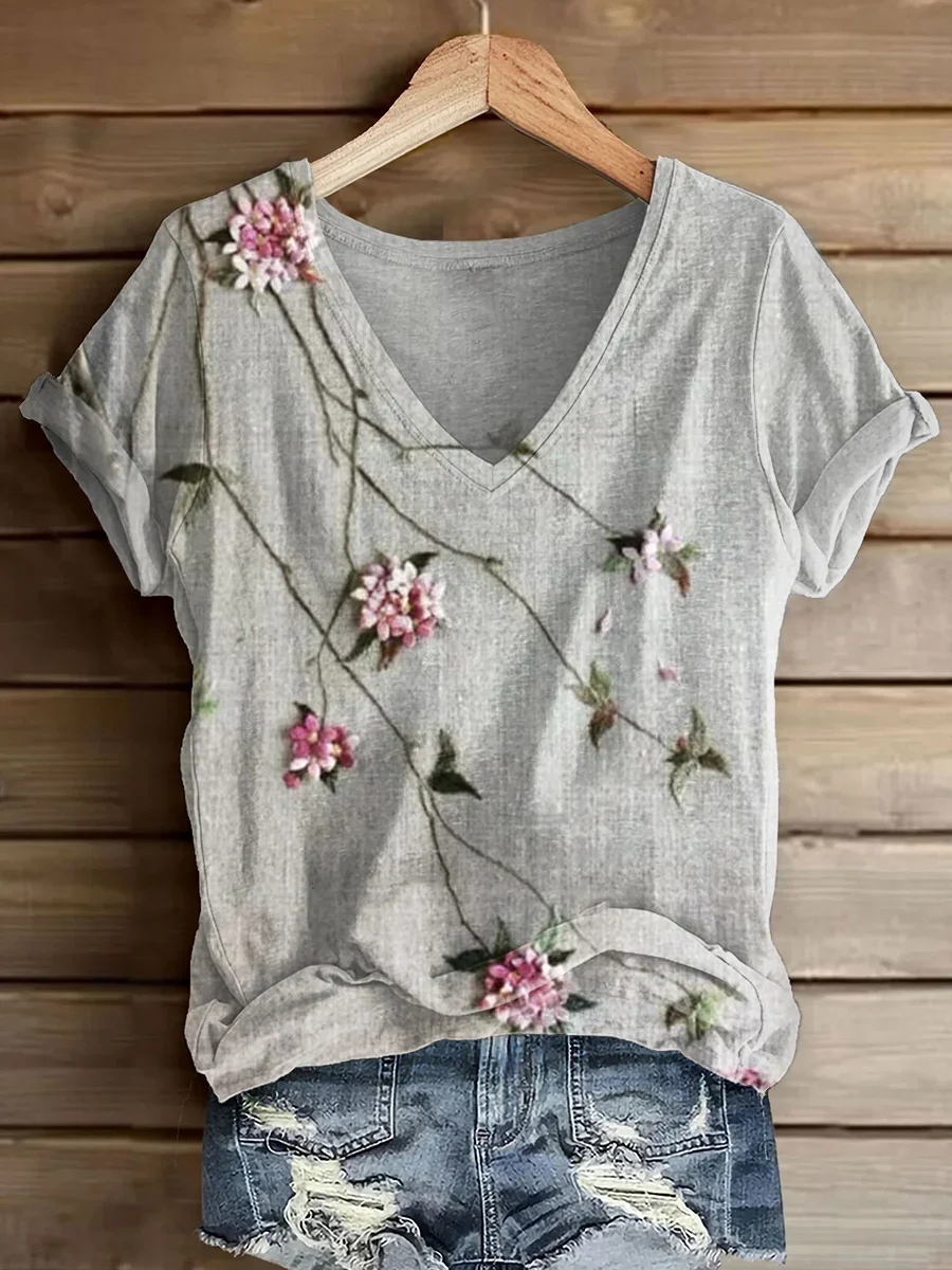 Casual Floral V Neck Short Sleeve T-shirt