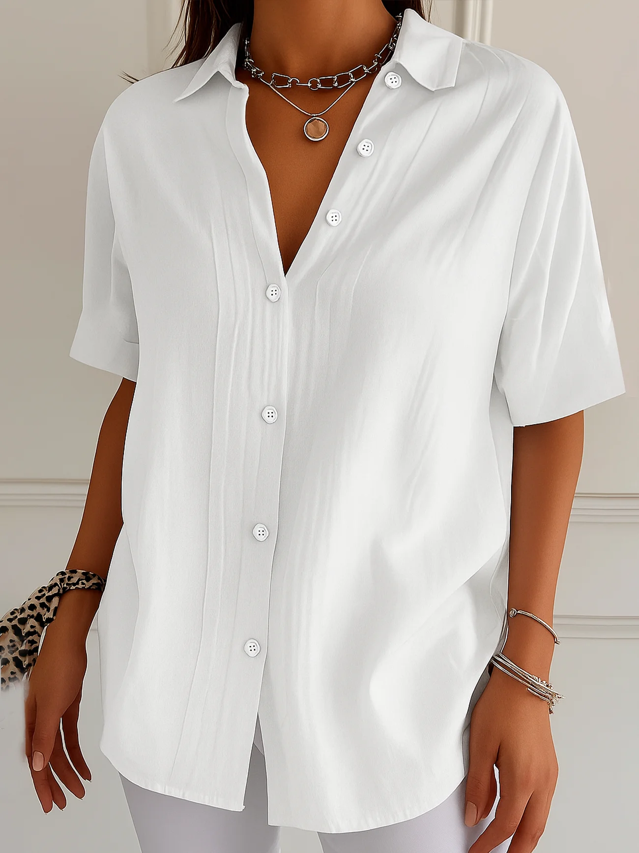 Shirt Collar Short Sleeve Plain Printing Regular Micro-Elasticity Loose Button Up Shirt Shirt For Women