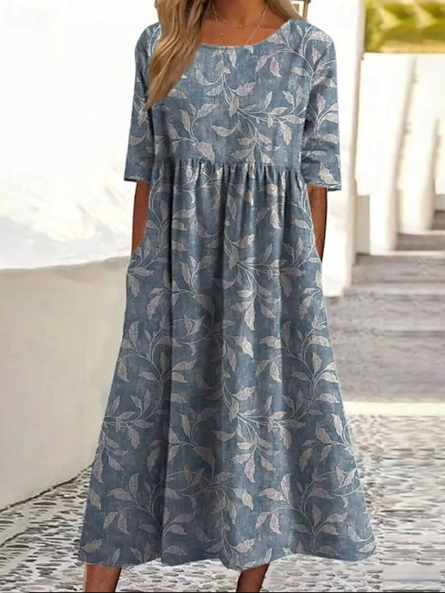 Women Floral Spring/Fall Dress Crew Neck Three Quarter Sleeve Fit & Flare Dress A-Line Dress