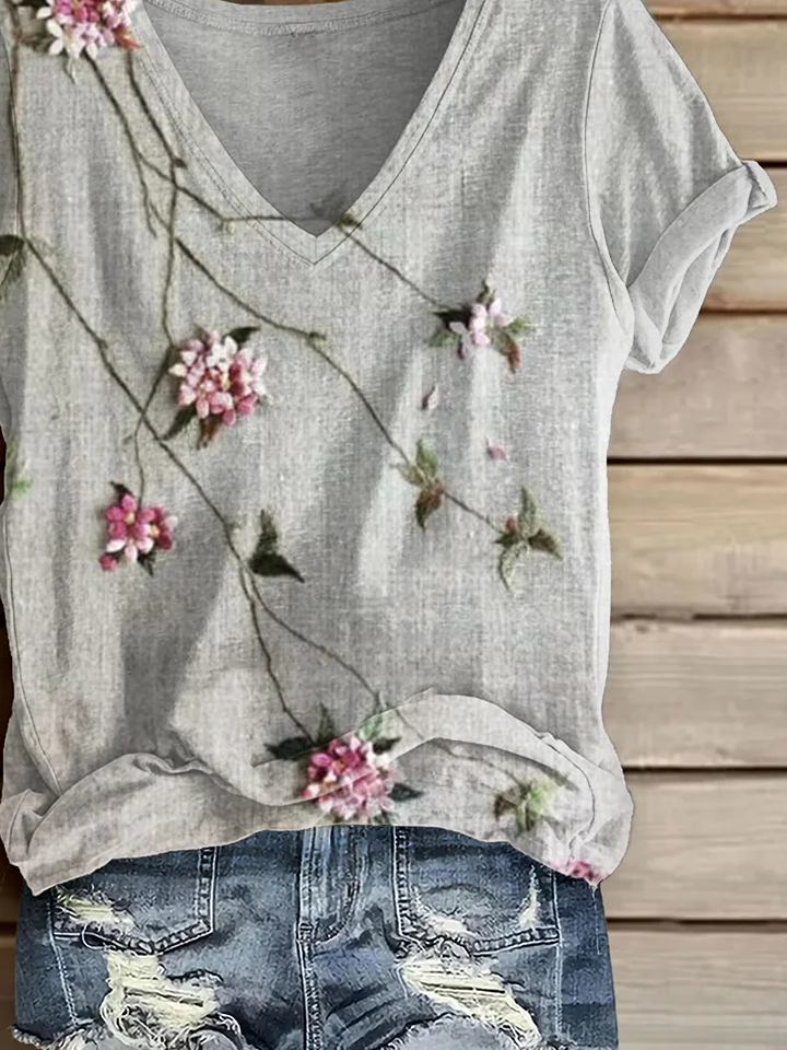 Casual Floral V Neck Short Sleeve T-shirt