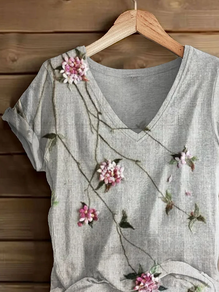 Casual Floral V Neck Short Sleeve T-shirt