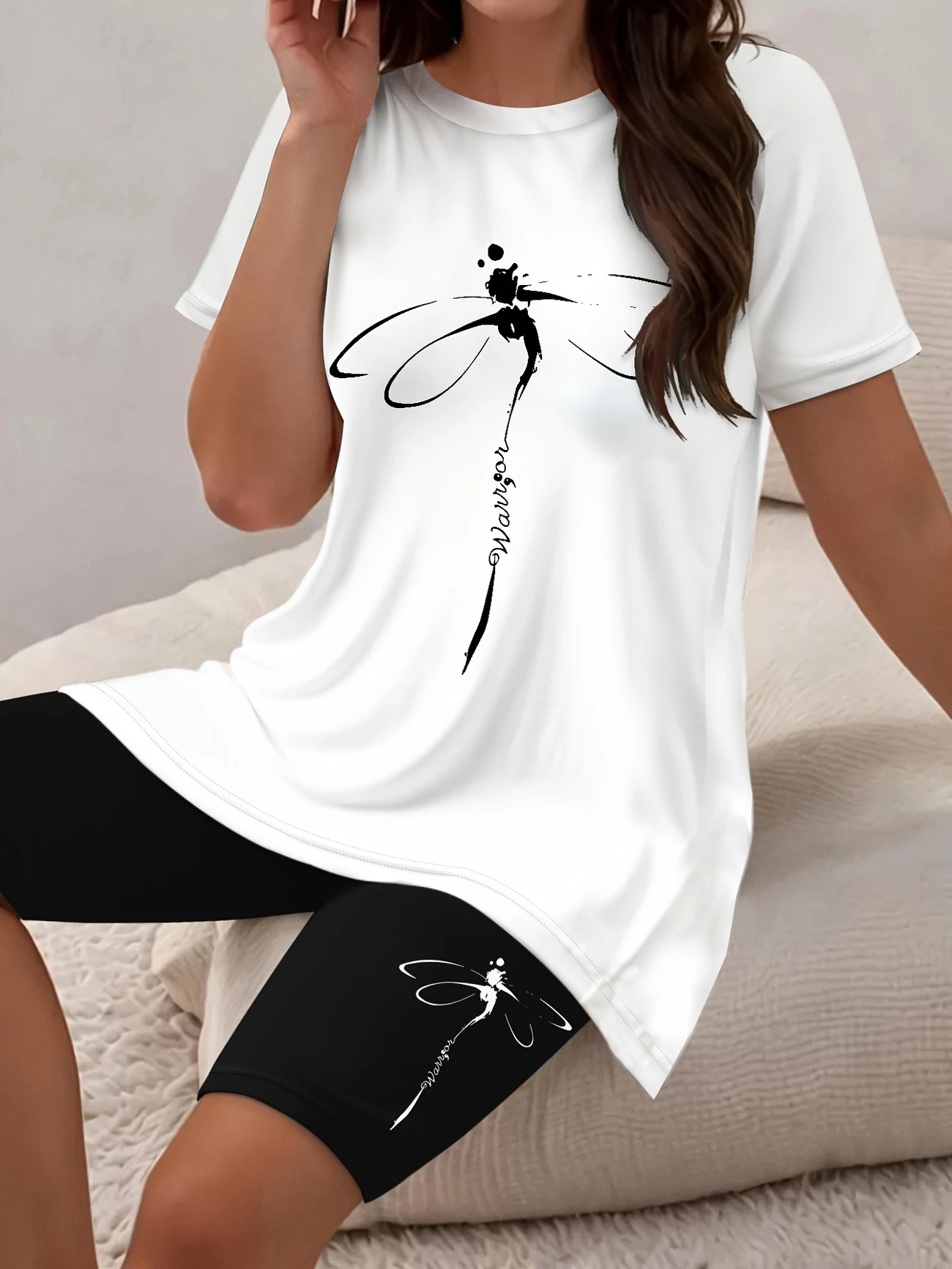 Women Dragonfly Printing Two-Piece Set Daily Short Sleeve Casual Summer Top With Pants Matching Set