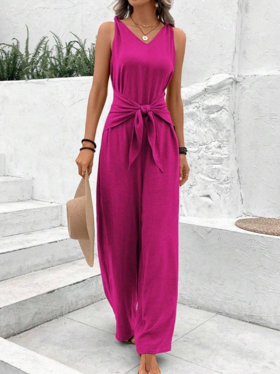 Women Plain V Neck Sleeveless Casual Summer Jumpsuit