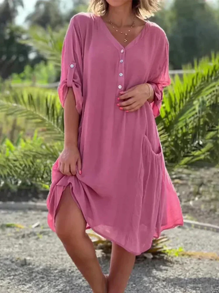 Women Plain Spring/Fall Dress V Neck Long Sleeve A-Line Dress