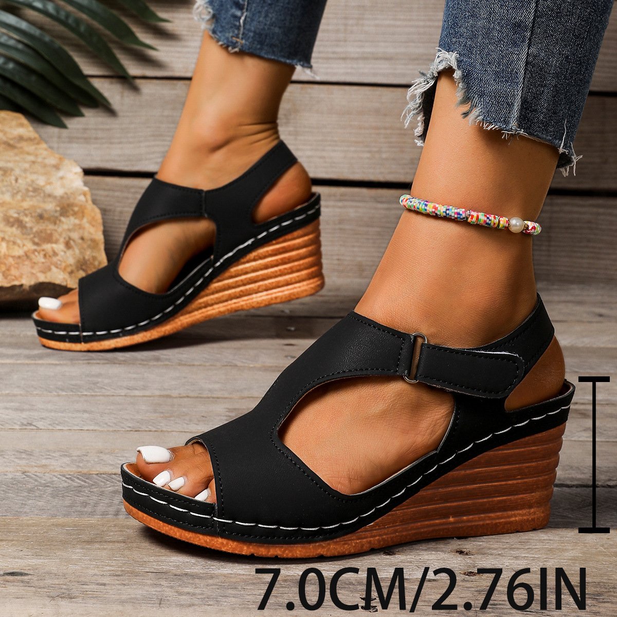 Vintage Plain Adjustable Buckle Block Heel Peep-toe Sandals