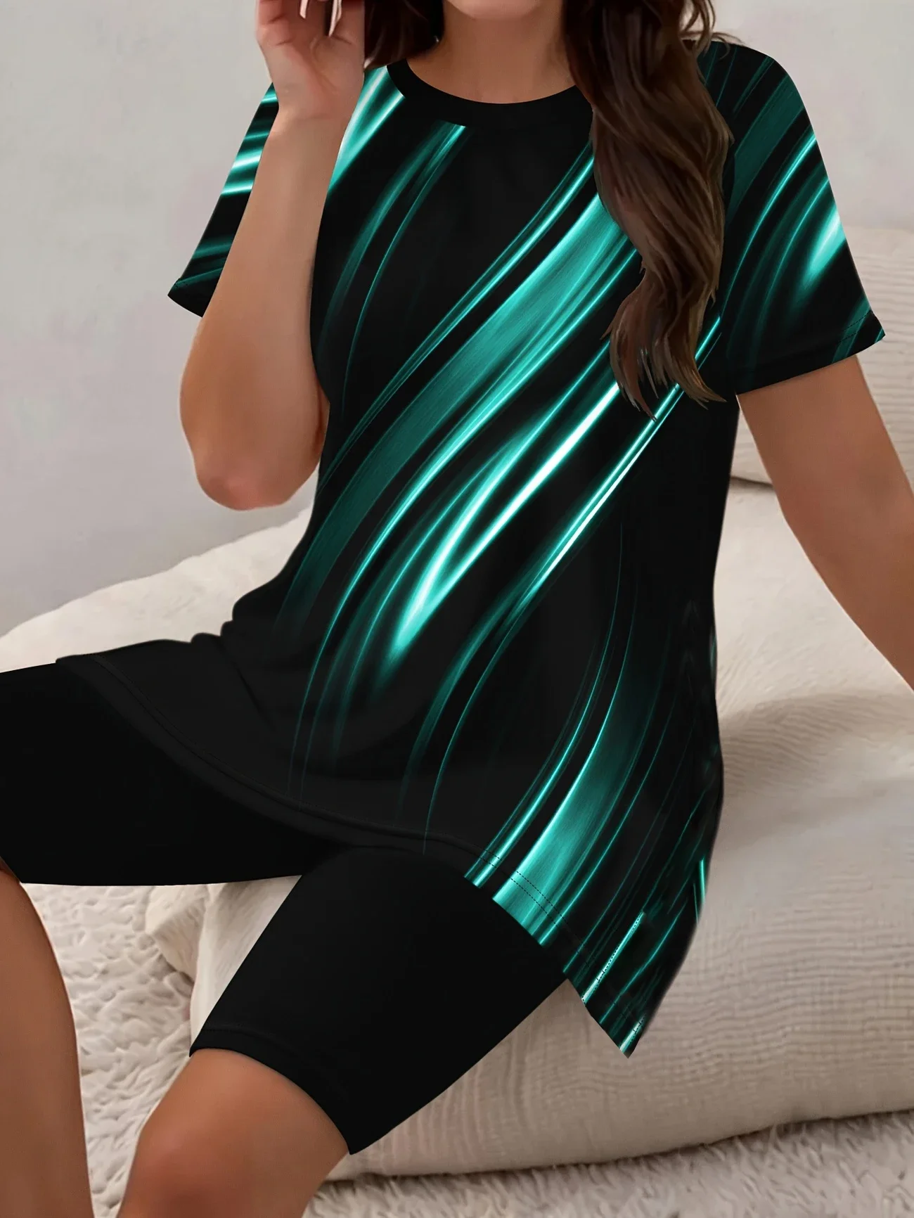 Women Abstract Printing Two-Piece Set Daily Short Sleeve Casual Summer Top With Pants Matching Set