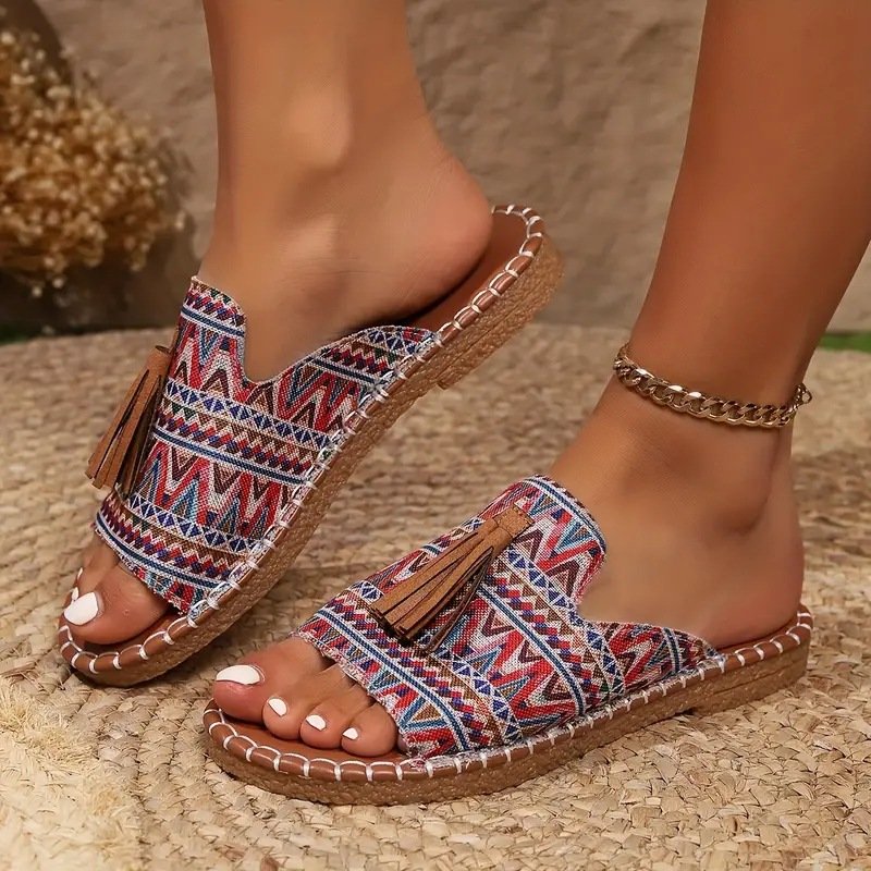 Vintage Geometric Slip On Flat Heel Slide Sandals