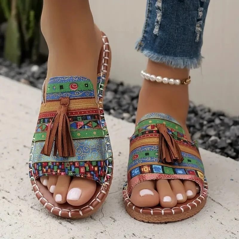 Vintage Geometric Slip On Flat Heel Slide Sandals