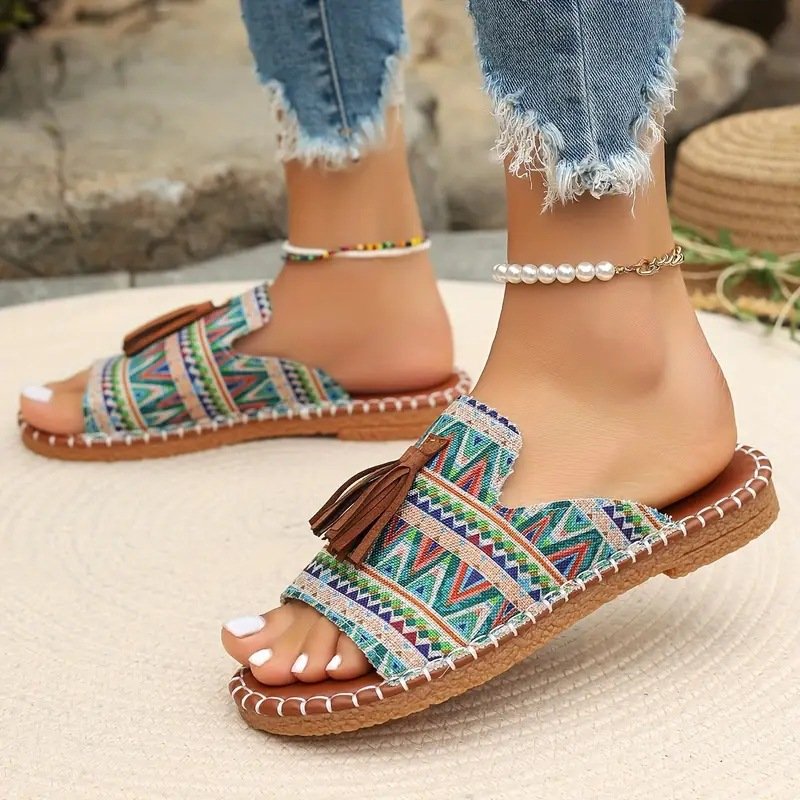 Vintage Geometric Slip On Flat Heel Slide Sandals