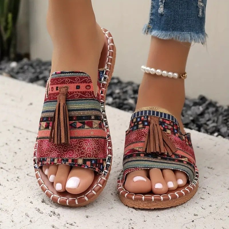 Vintage Geometric Slip On Flat Heel Slide Sandals