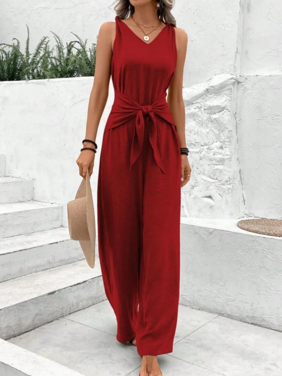 Women Plain V Neck Sleeveless Casual Summer Jumpsuit
