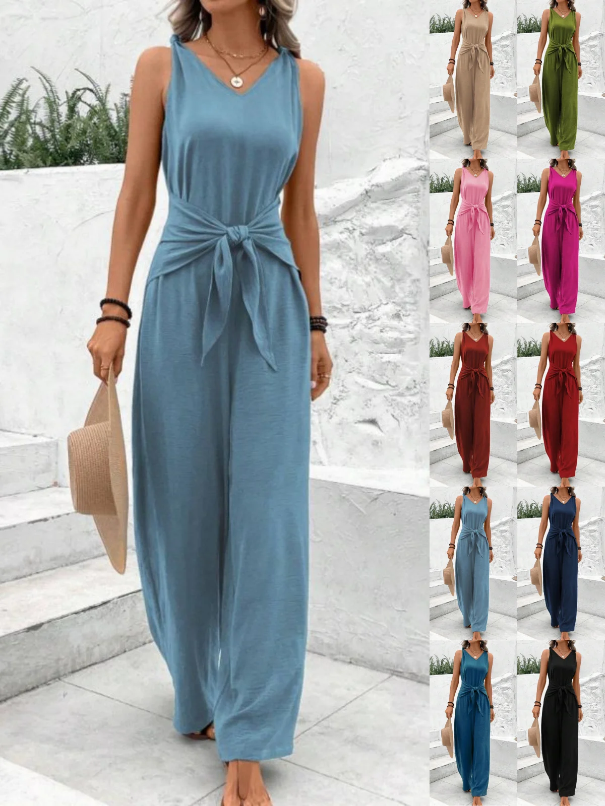 Women Plain V Neck Sleeveless Casual Summer Jumpsuit