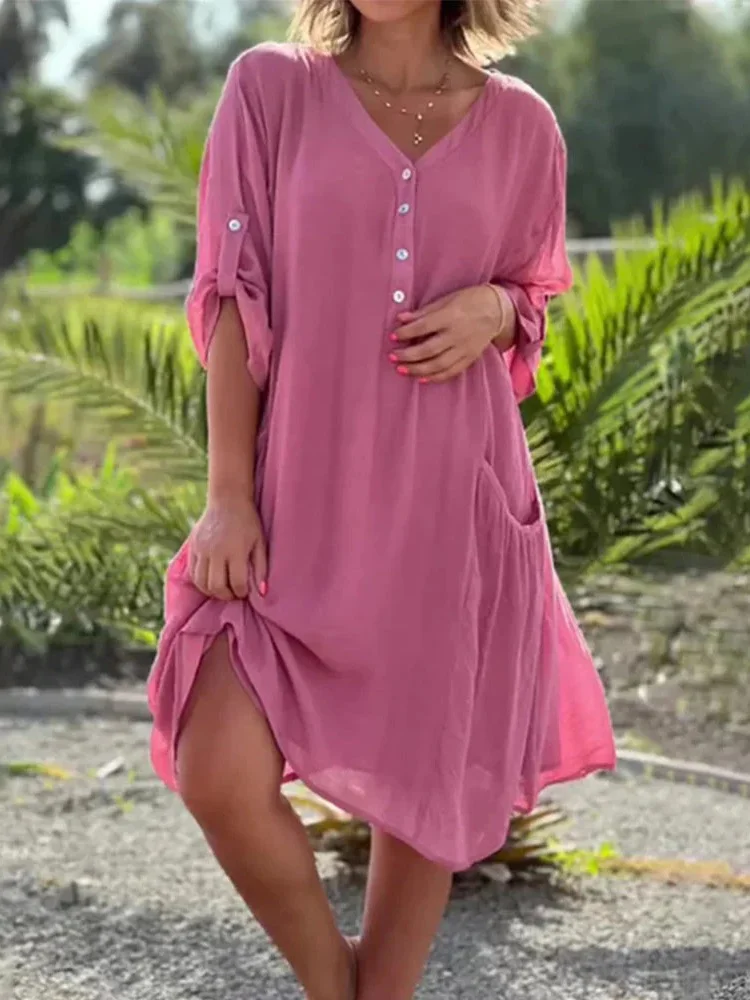 Women Plain Spring/Fall Dress V Neck Long Sleeve A-Line Dress