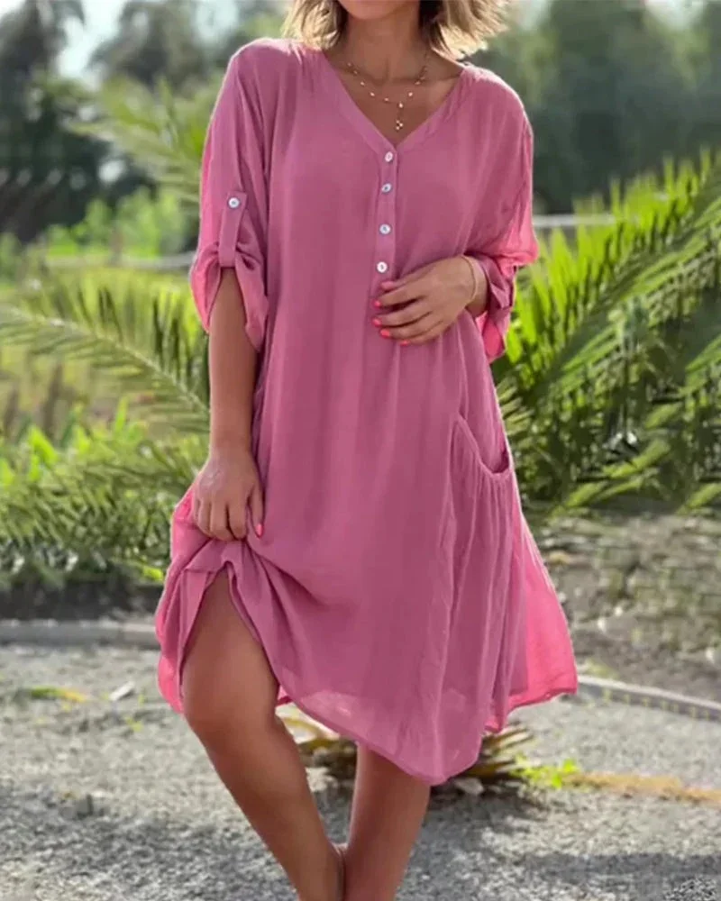 Women Plain Spring/Fall Dress V Neck Long Sleeve A-Line Dress