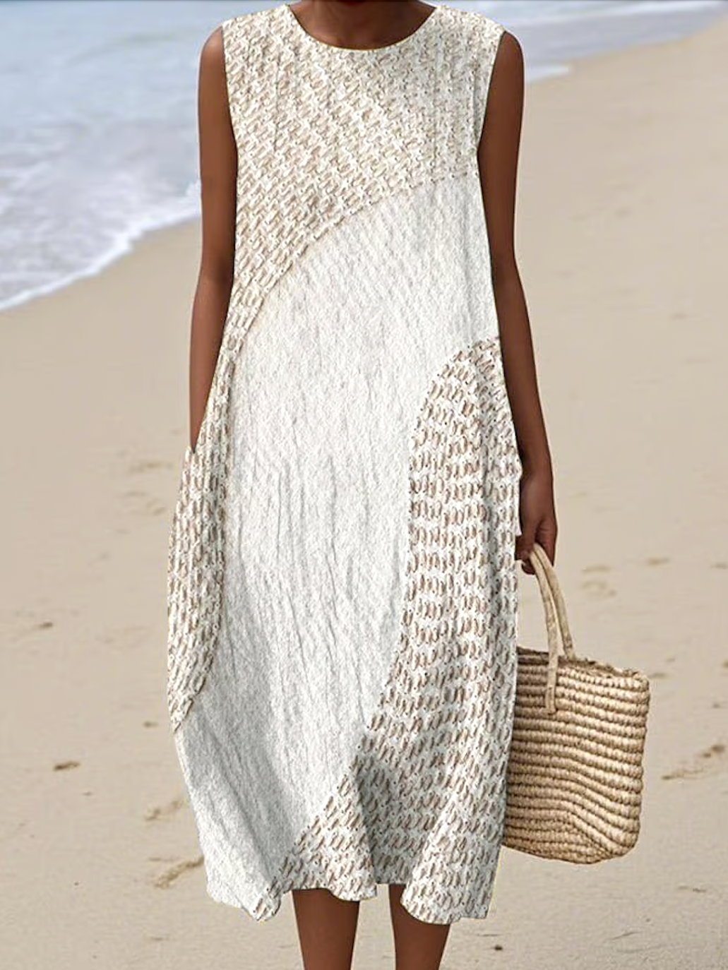 Women Geometric Summer Dress Crew Neck Sleeveless A-Line Dress