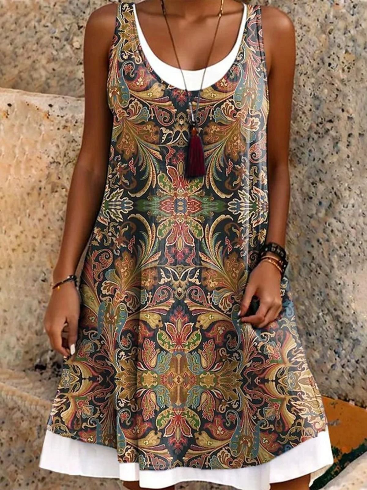 Women Floral Summer Dress Crew Neck Sleeveless A-Line Dress