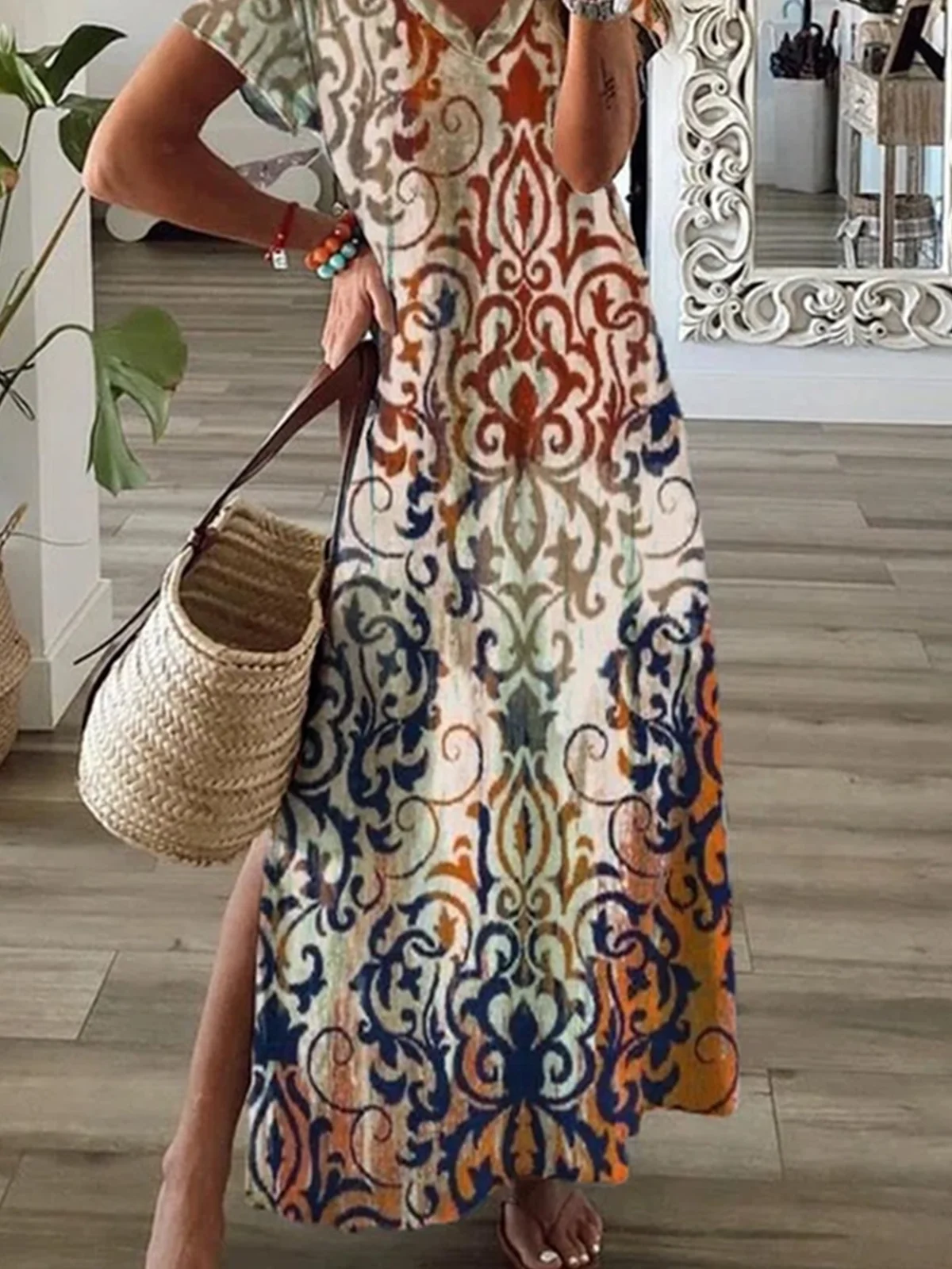 Women Floral Summer Dress V Neck Short Sleeve A-Line Dress