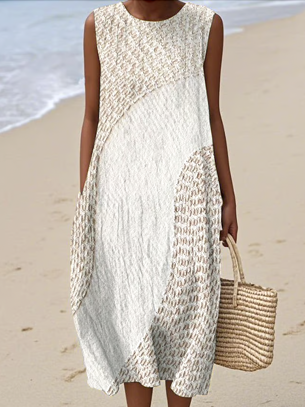 Women Geometric Summer Dress Crew Neck Sleeveless A-Line Dress