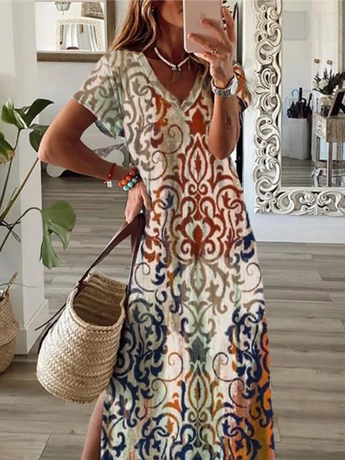 Women Floral Summer Dress V Neck Short Sleeve A-Line Dress