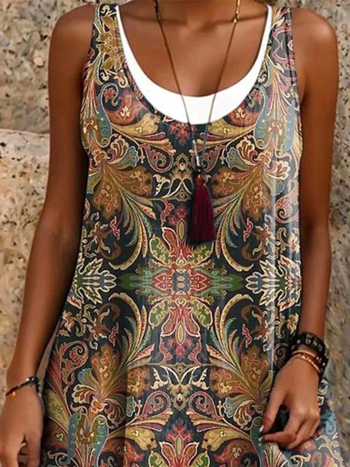 Women Floral Summer Dress Crew Neck Sleeveless A-Line Dress