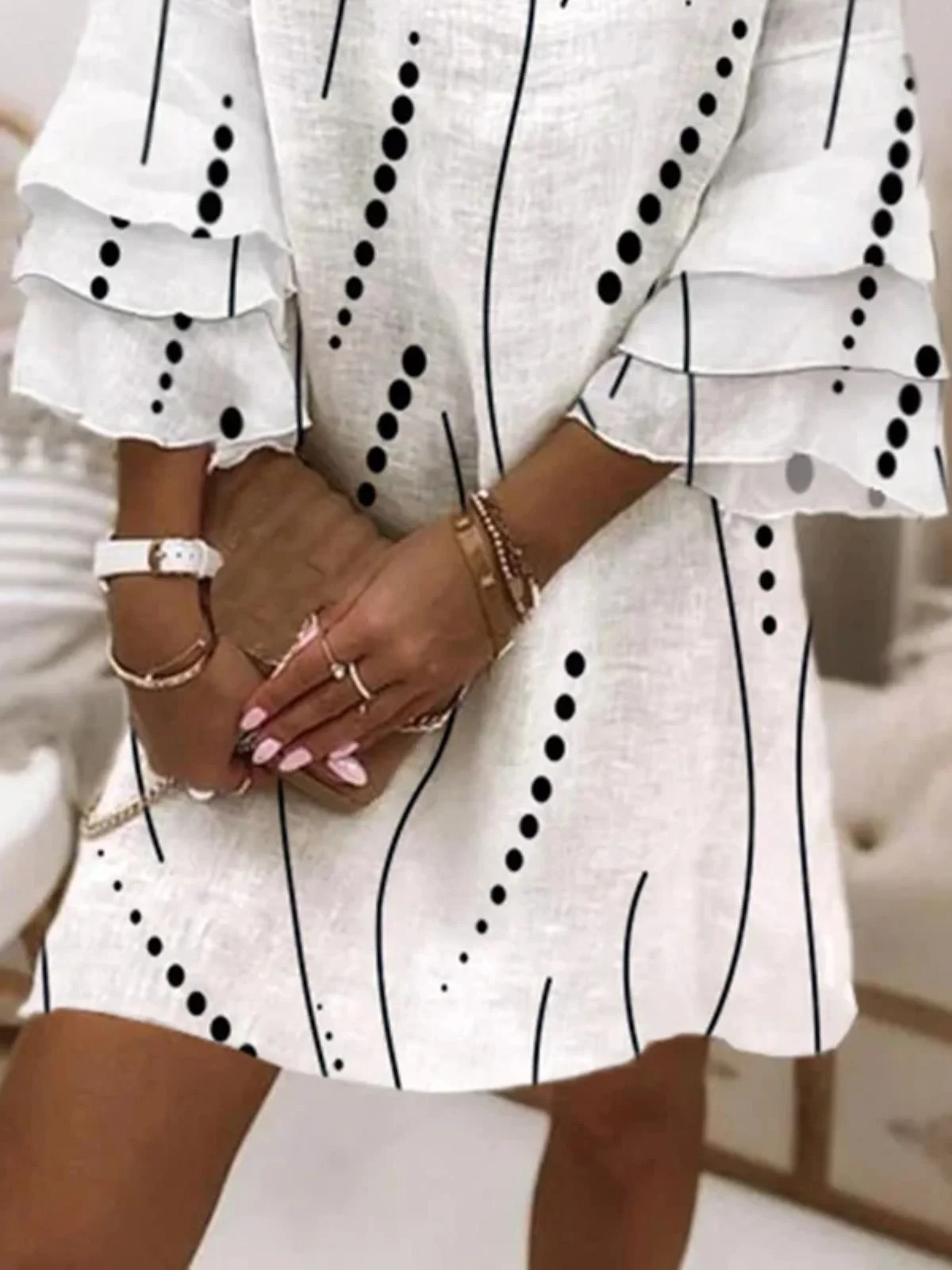 Women Geometric Summer Dress V Neck Half Sleeve Beach Dress H-Line Dress