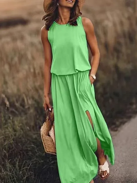 Women Plain Summer Split Joint Dress Crew Neck Sleeveless Tank A-Line Dress