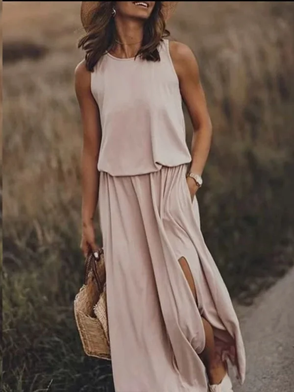 Women Plain Summer Split Joint Dress Crew Neck Sleeveless Tank A-Line Dress