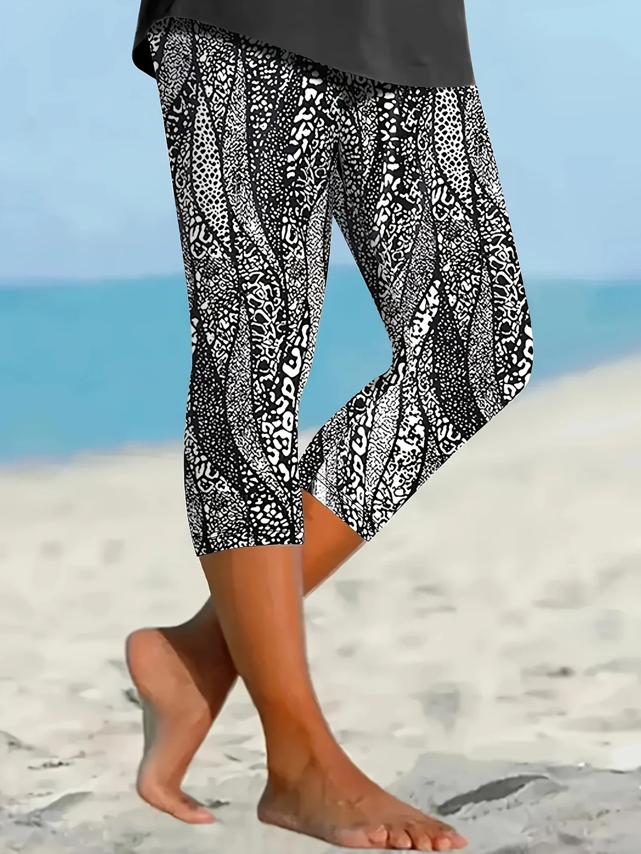 Women Abstract Capris Elastic Waist Pants Casual Summer Trousers