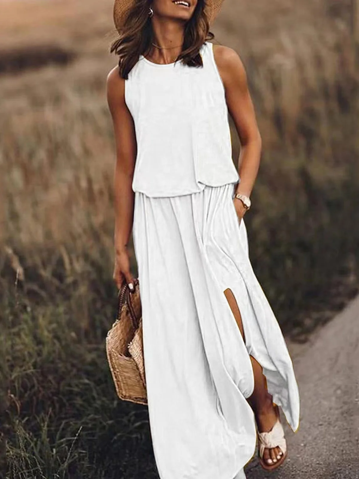 Women Plain Summer Split Joint Dress Crew Neck Sleeveless Tank A-Line Dress