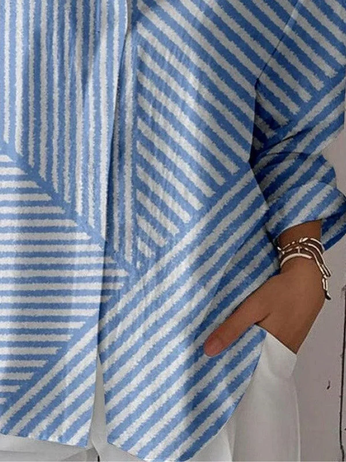 Shirt Collar Three Quarter Sleeve Striped Regular Micro-Elasticity Regular Fit Shirt For Women