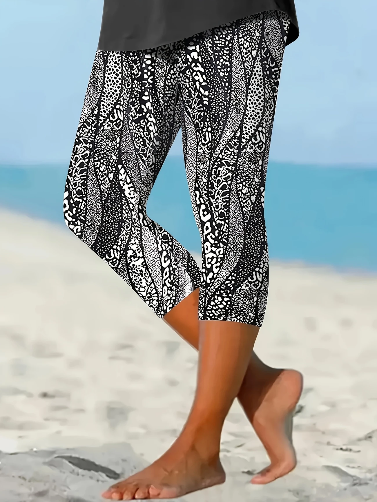 Women Abstract Capris Elastic Waist Pants Casual Summer Trousers