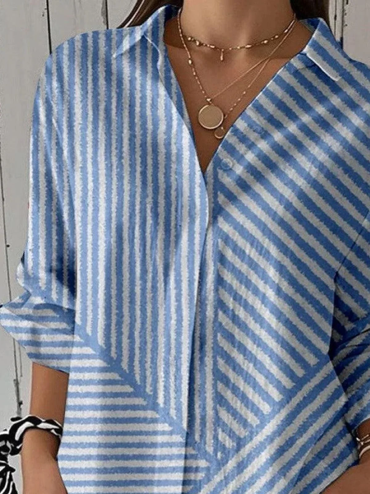 Shirt Collar Three Quarter Sleeve Striped Regular Micro-Elasticity Regular Fit Shirt For Women