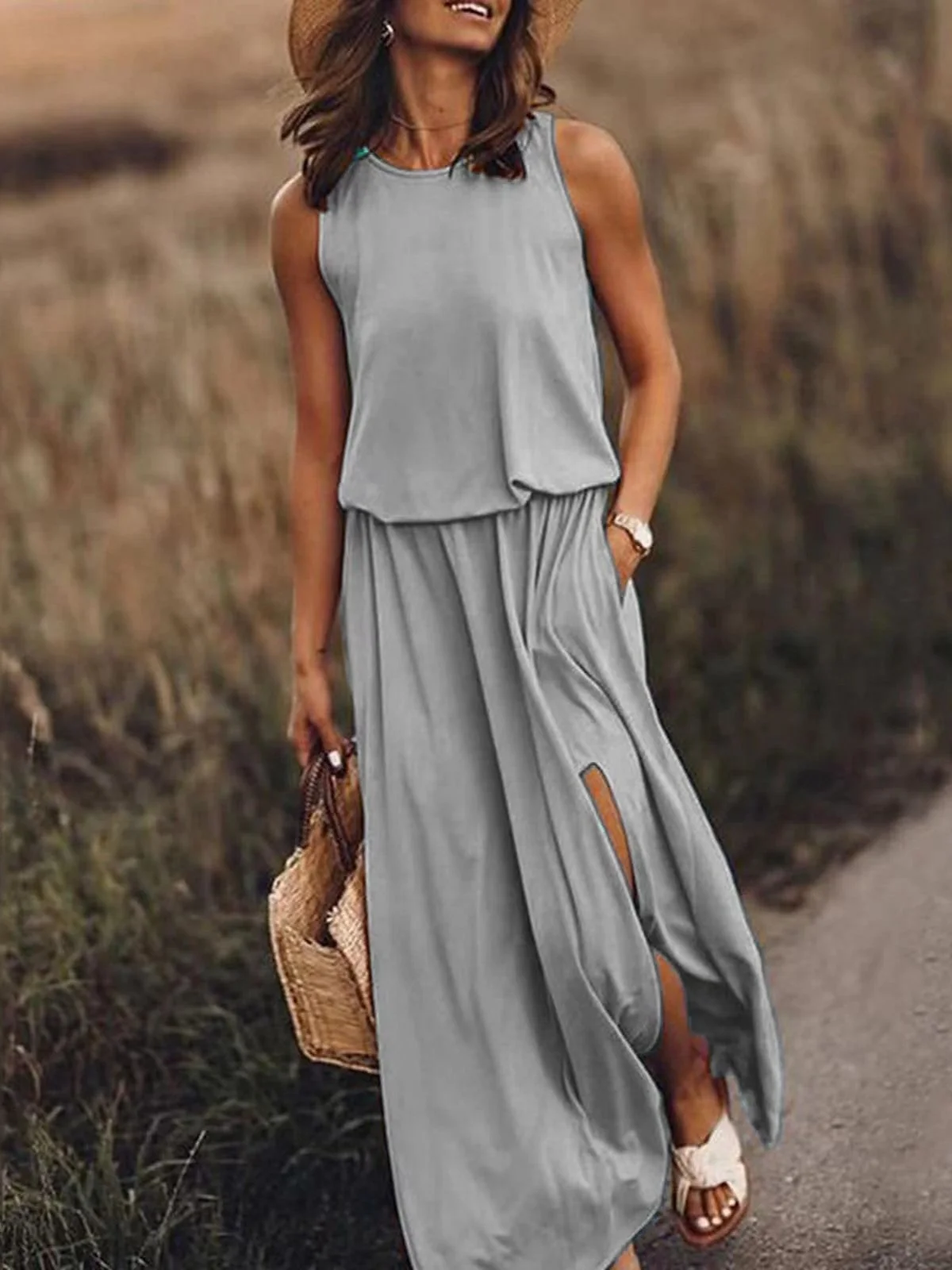 Women Plain Summer Split Joint Dress Crew Neck Sleeveless Tank A-Line Dress